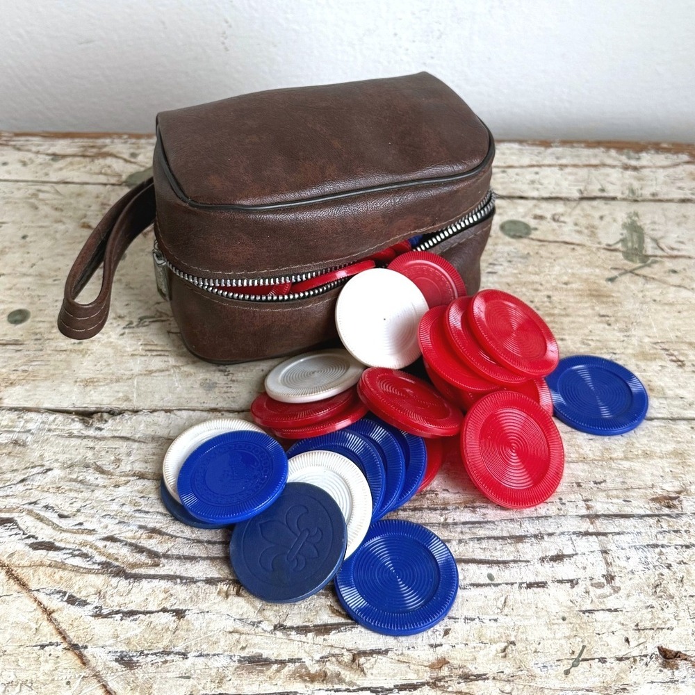 Vintage Fleur de Lis Poker Chip Set Red White Blue Brown Case